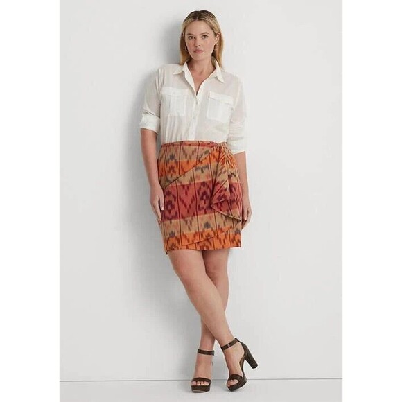 Lauren Ralph Lauren Wrap Skirt Women's 22W PLUS Geo Ikat Cotton Knee-Length NWT - Picture 2 of 16